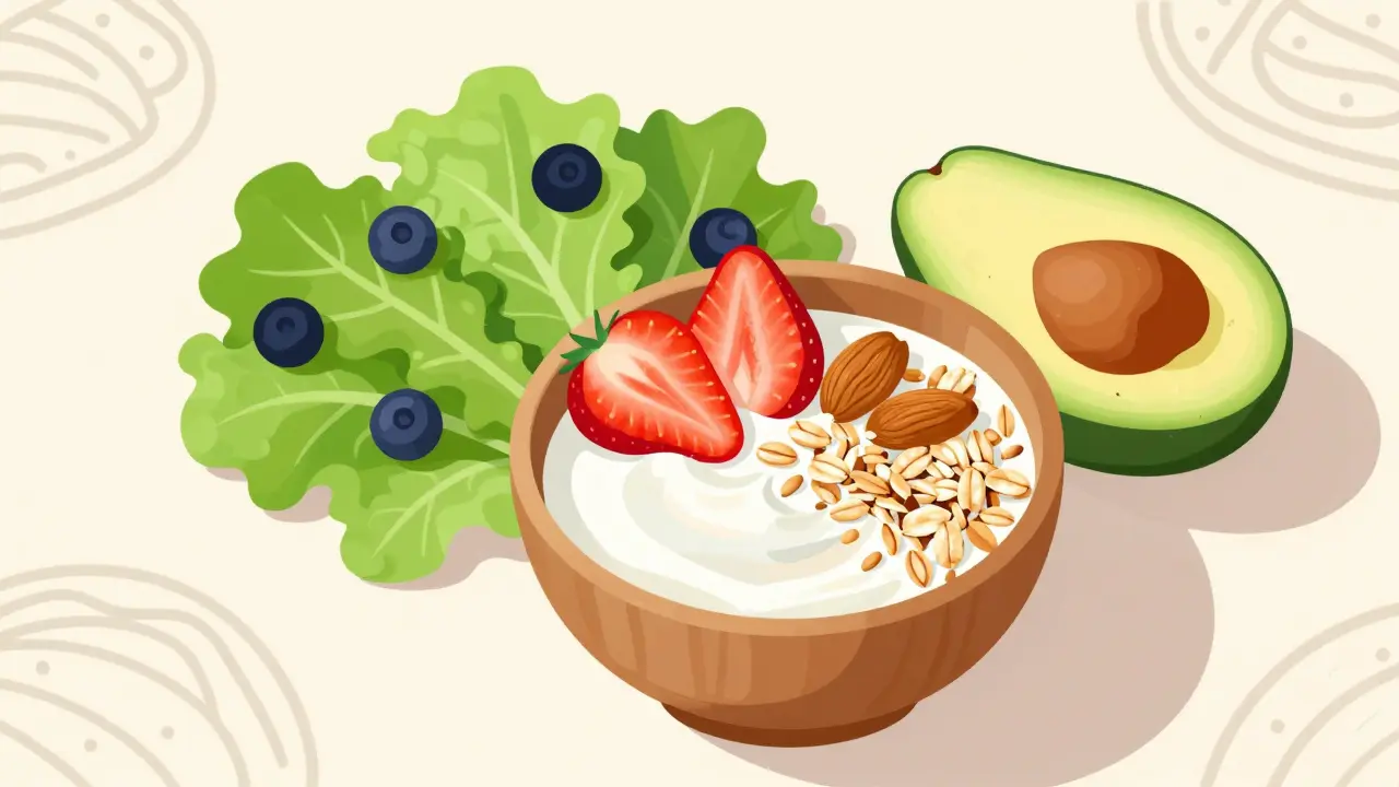 Healthy breakfast bowl with oats, fruit, and vegetables on table.