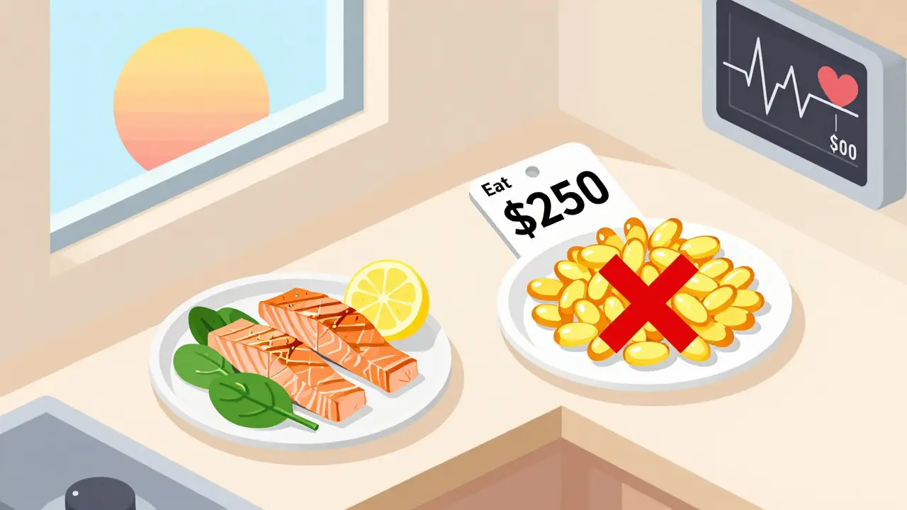 Isometric kitchen scene comparing grilled salmon to a pile of fish oil capsules with price tag and red X.