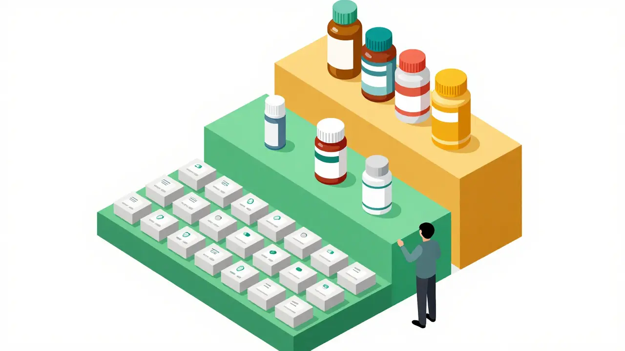 Medication tiers arranged on stepped shelves
