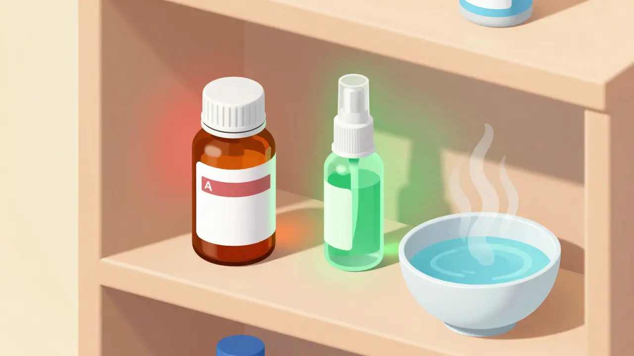 Medicine shelf comparing cold pills and saline spray.