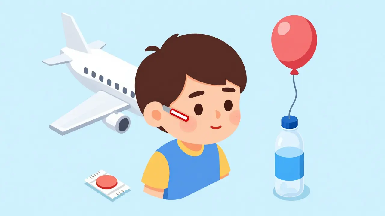 Person on airplane with pressure imbalance in ear, surrounded by remedies and balloon dilation device.