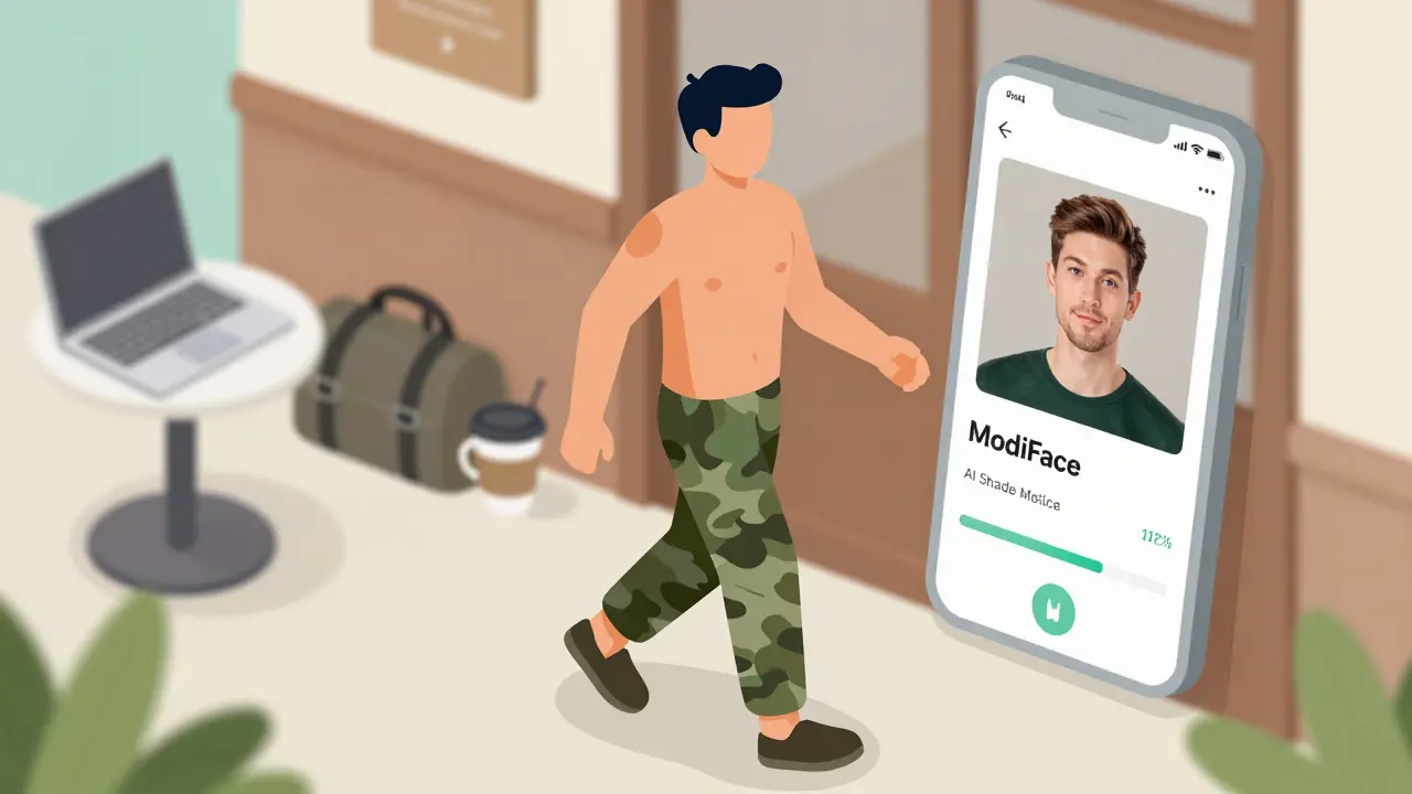 Person walking into a coffee shop with seamless camouflage, AI shade-matching app floating beside them.