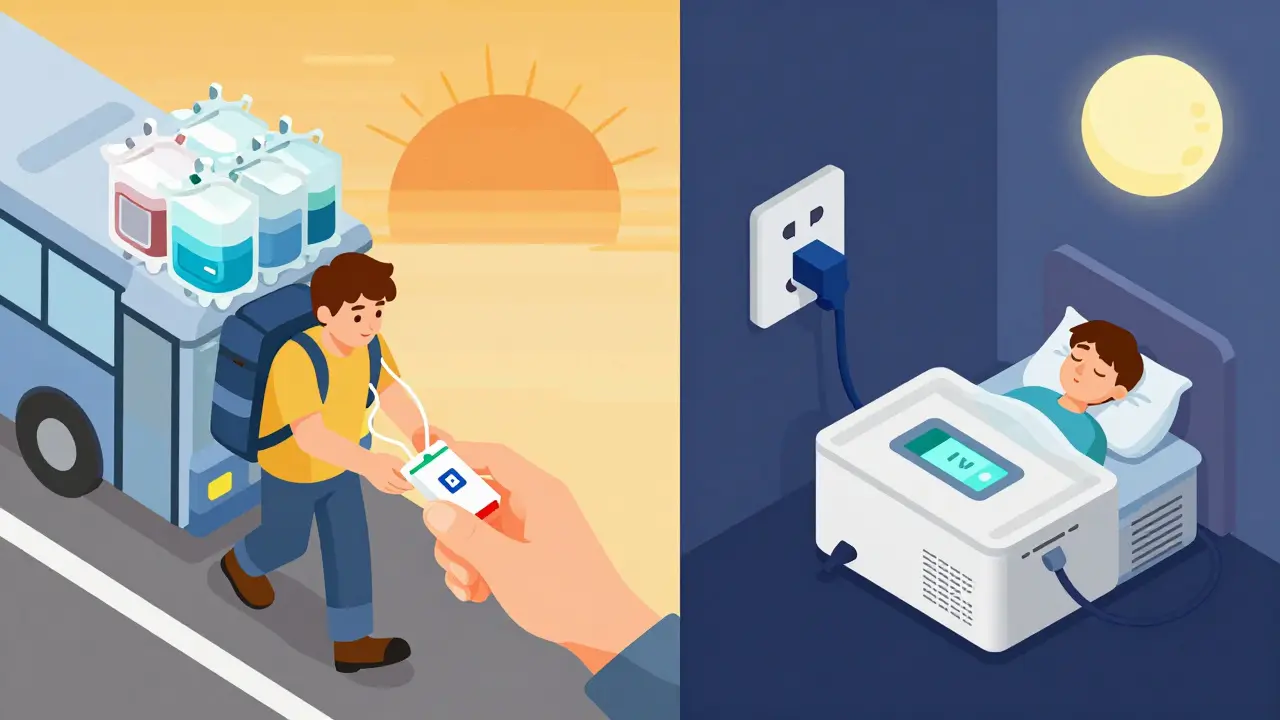 Side-by-side comparison: a traveler carrying dialysis bags for manual exchanges versus a machine running overnight in a hotel room.