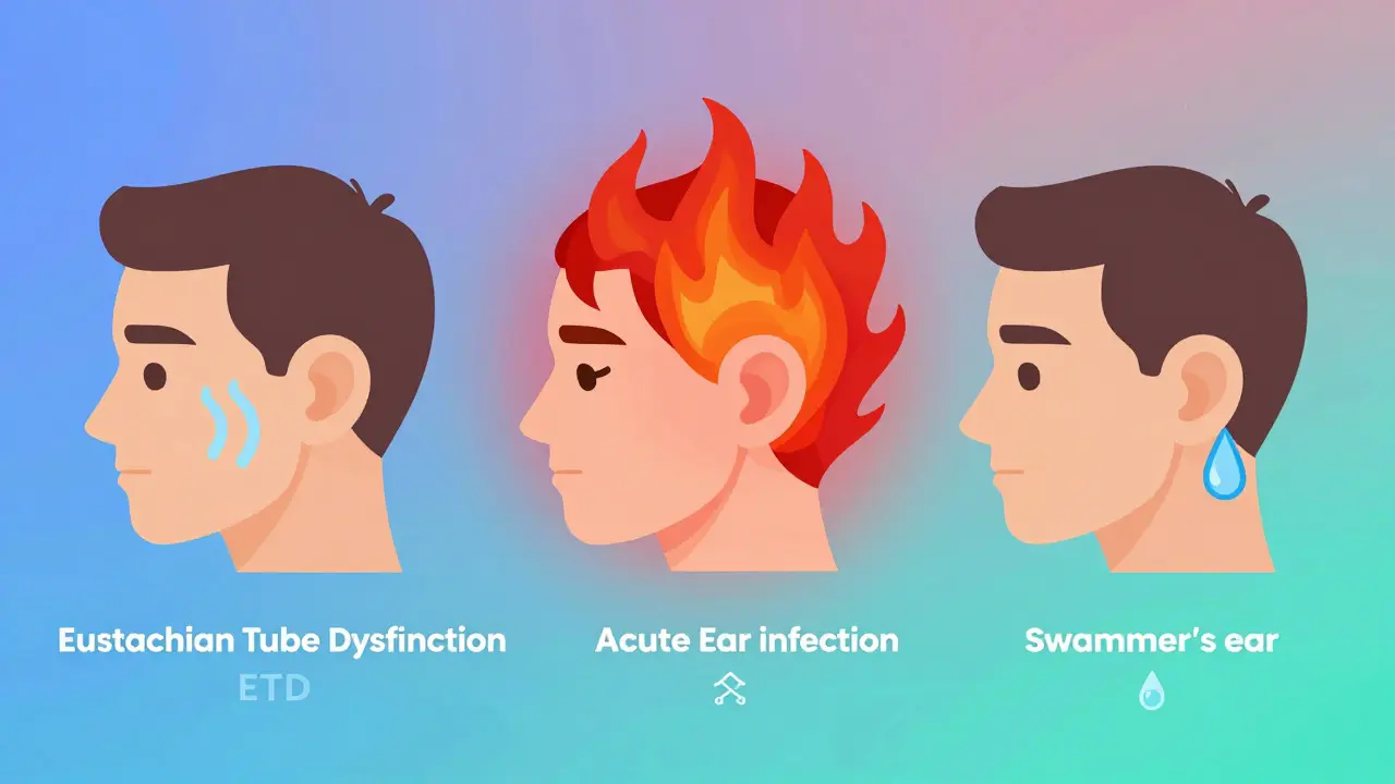 Side-by-side isometric diagrams comparing ETD, ear infection, and swimmer's ear with color-coded symptoms.