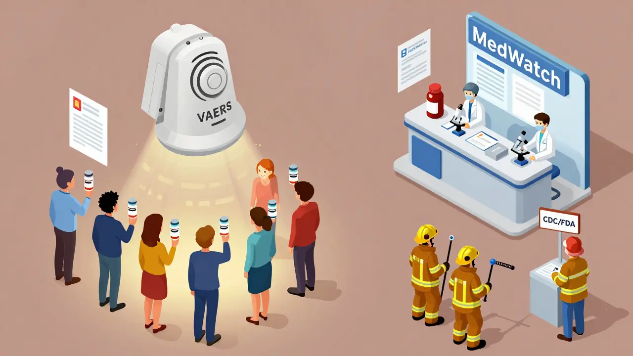 Smoke alarm alerting CDC firefighters investigating vaccine reports in an isometric scene.