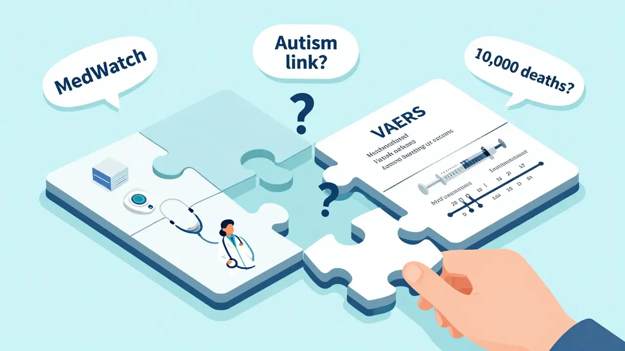 Two puzzle pieces labeled MedWatch and VAERS fitting together with myth bubbles removed.