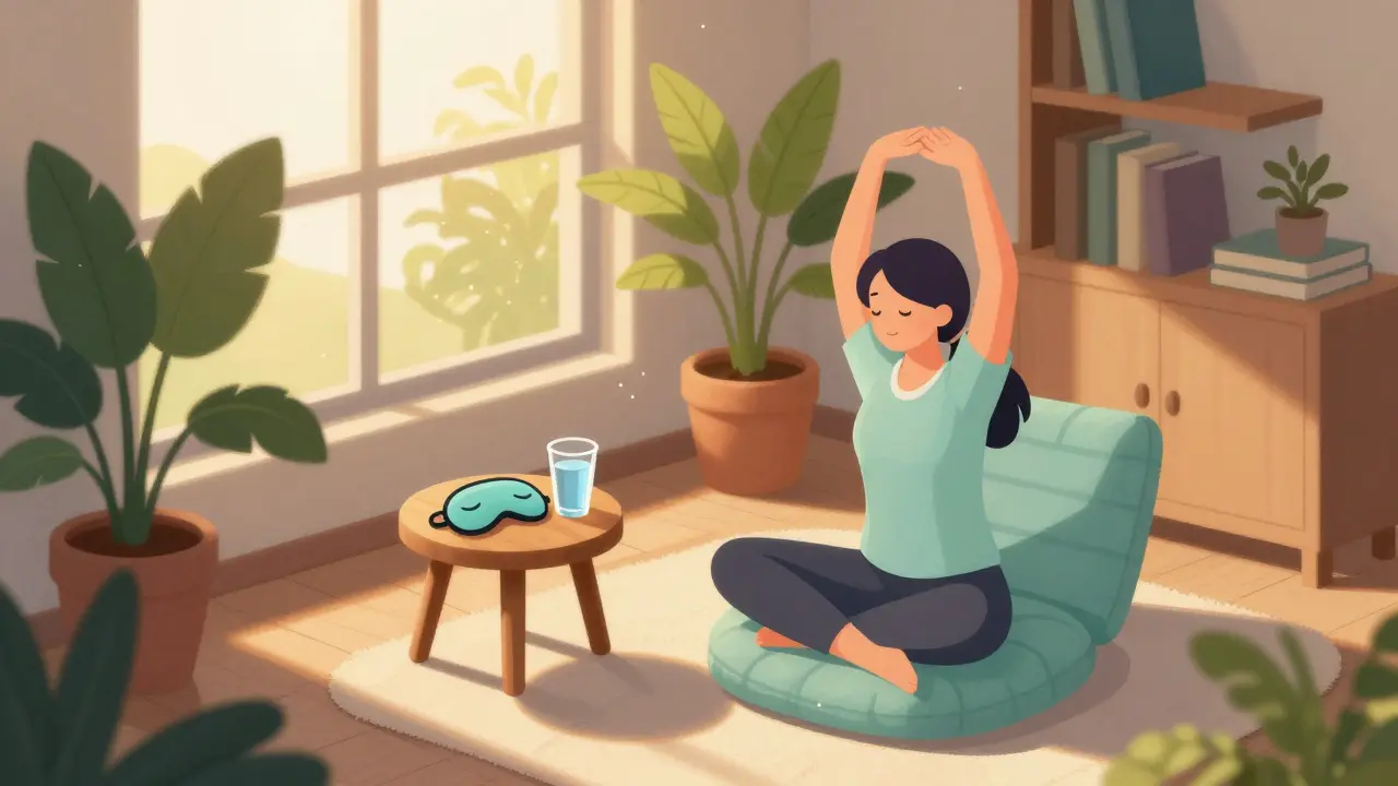 Woman stretching peacefully in a calm room with plants.