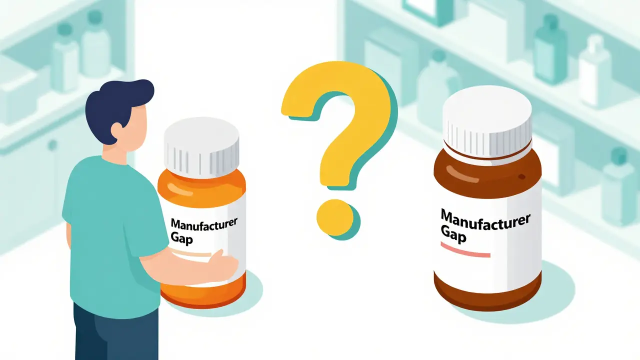 Comparison between brand-name and generic medication bottles with a question mark.
