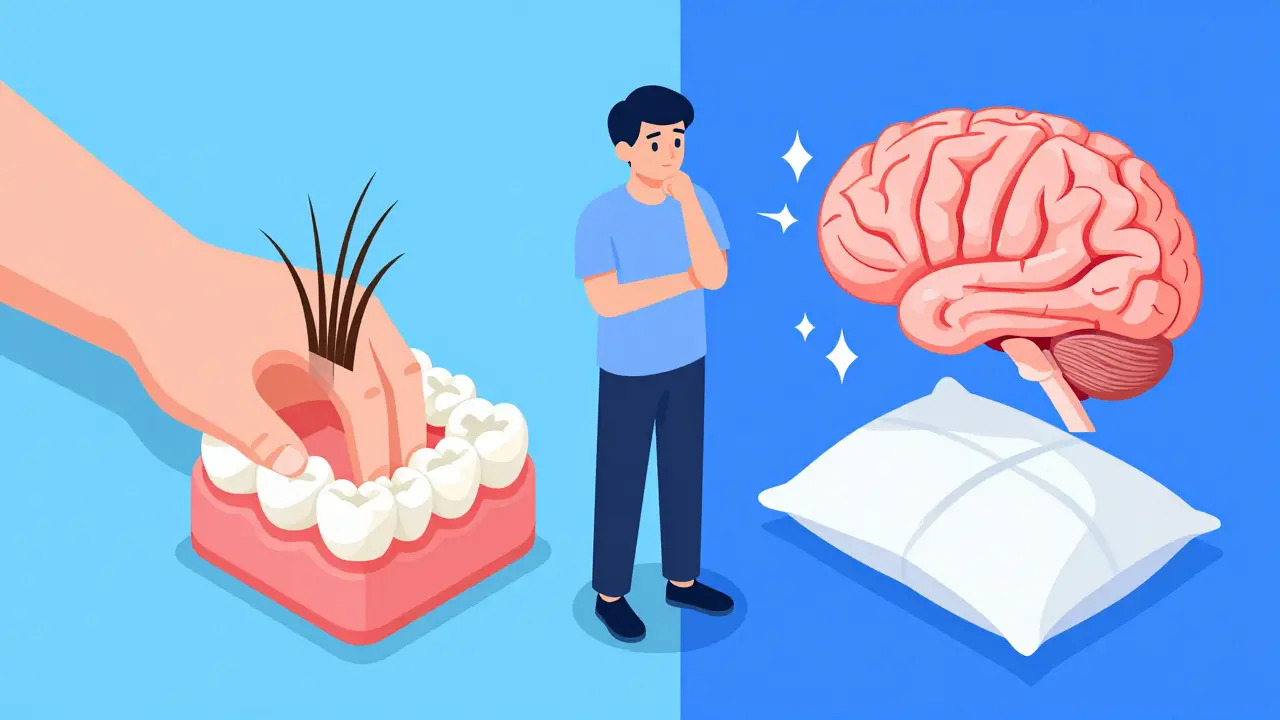 Illustration comparing hair growth and nerve side effects of transplant drugs.