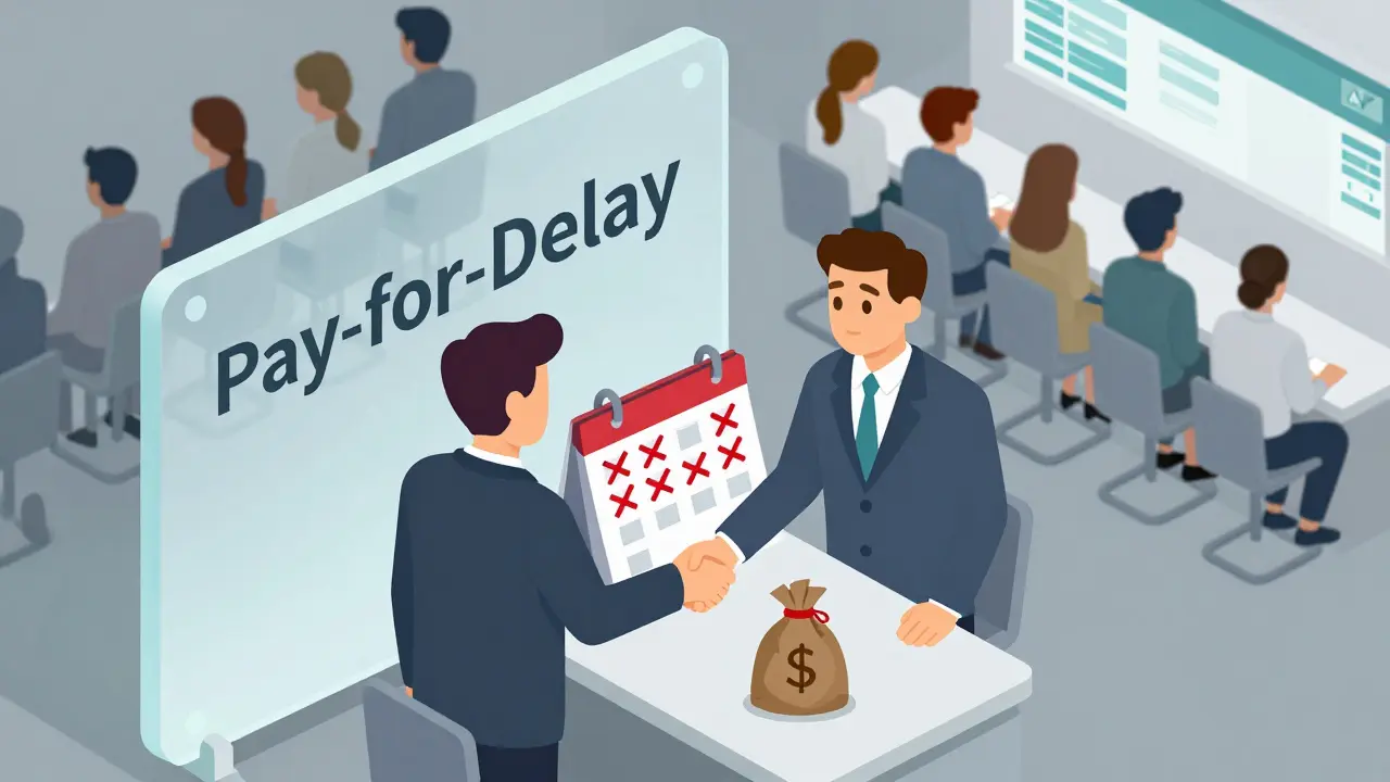Isometric cartoon of two executives shaking hands to delay generic drug entry, with a calendar being marked.