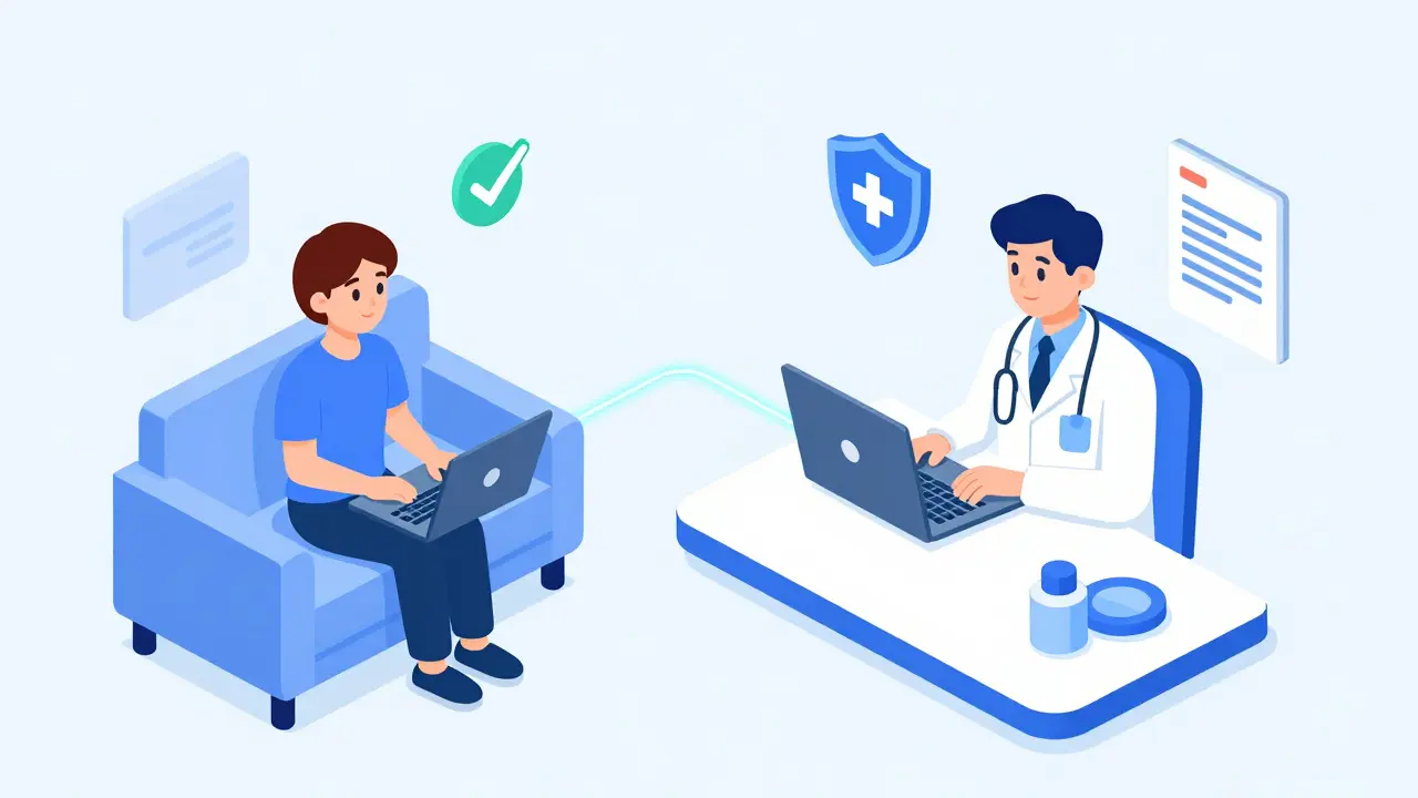 Isometric illustration of a patient and doctor in a secure telehealth consultation.
