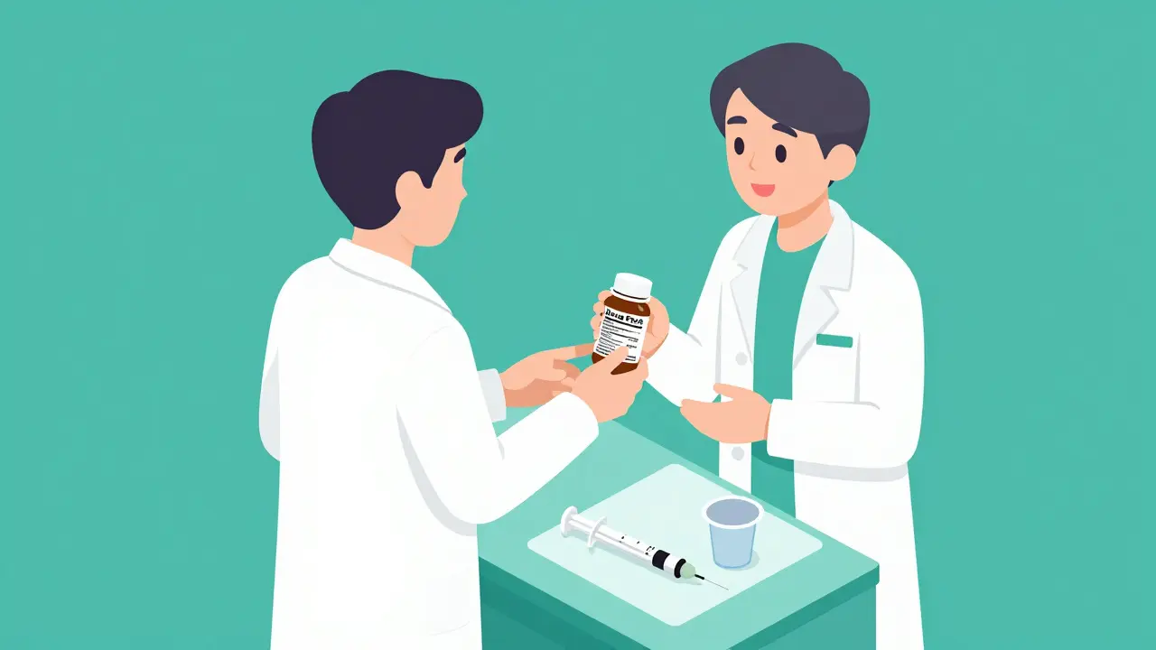 Isometric illustration of a pharmacist explaining a drug facts label to a customer.