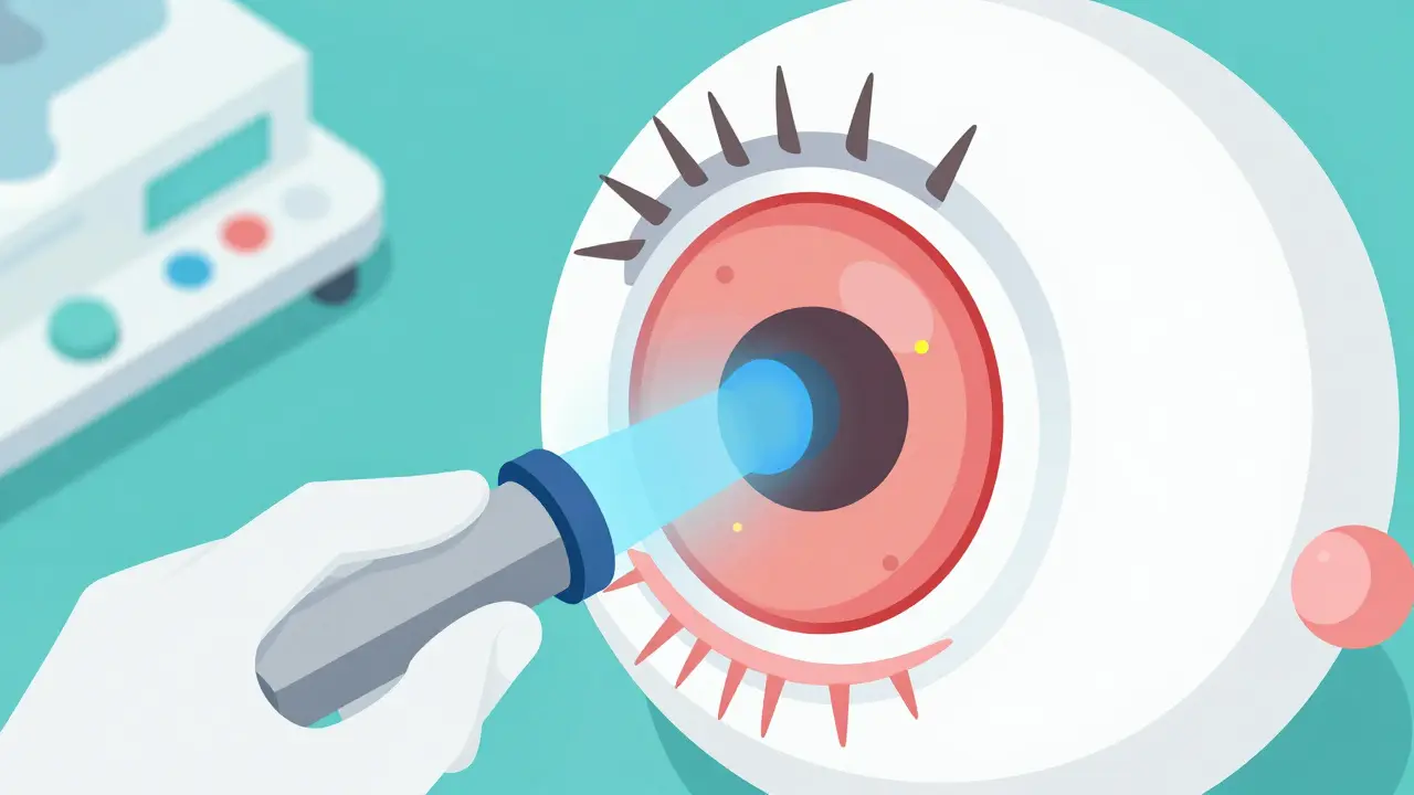 Isometric illustration of the corneal cross-linking procedure using UV light and riboflavin