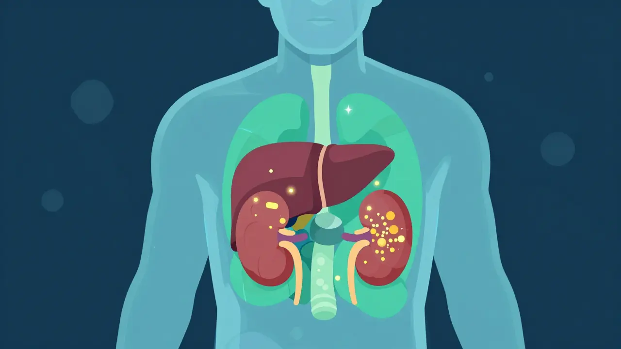 Isometric illustration showing slowed medication filtration in an aging liver and kidneys.