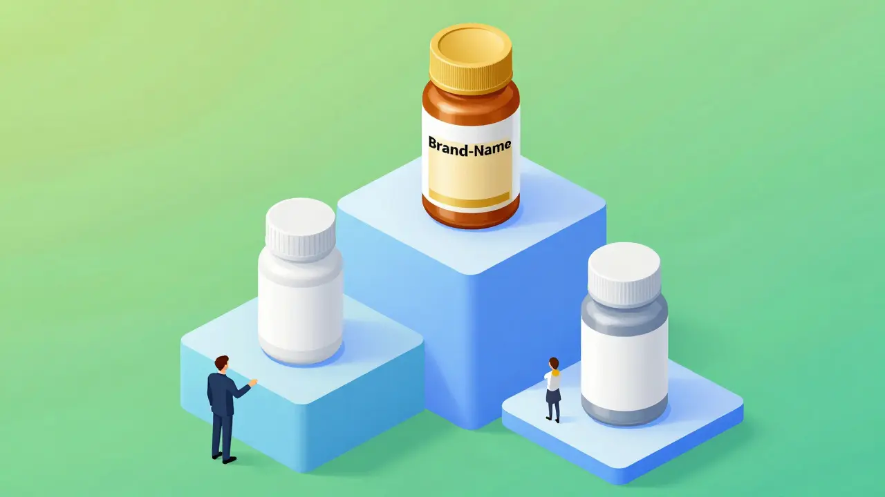 Isometric illustration showing the three pricing tiers of brand-name, authorized generic, and independent generic drugs.