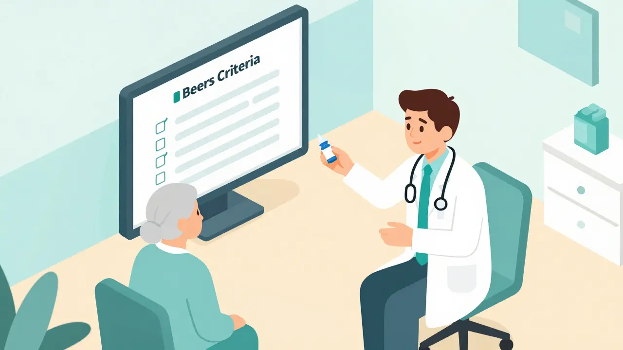 Isometric scene of a doctor and senior patient reviewing medication safety guidelines.