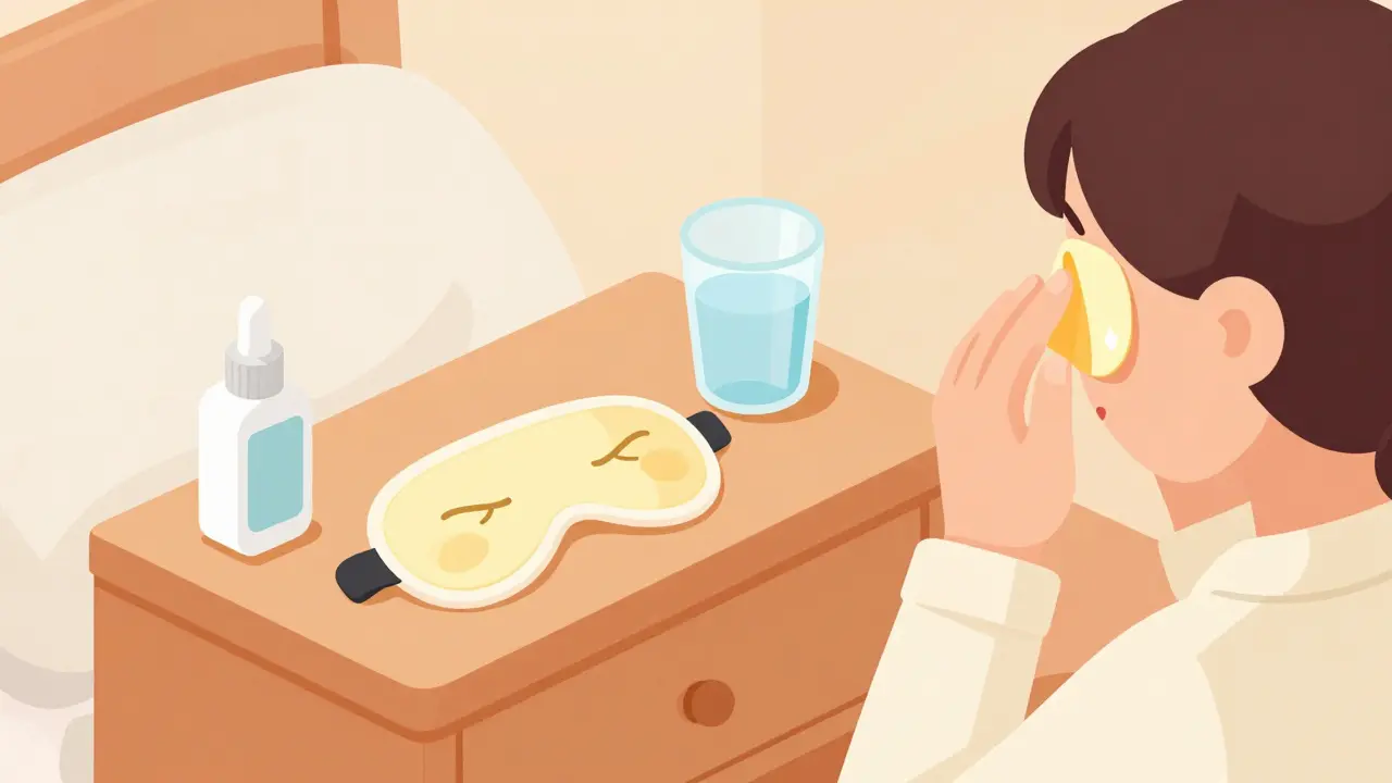 Isometric scene of a home eye care routine with a warm compress mask and lid scrubs