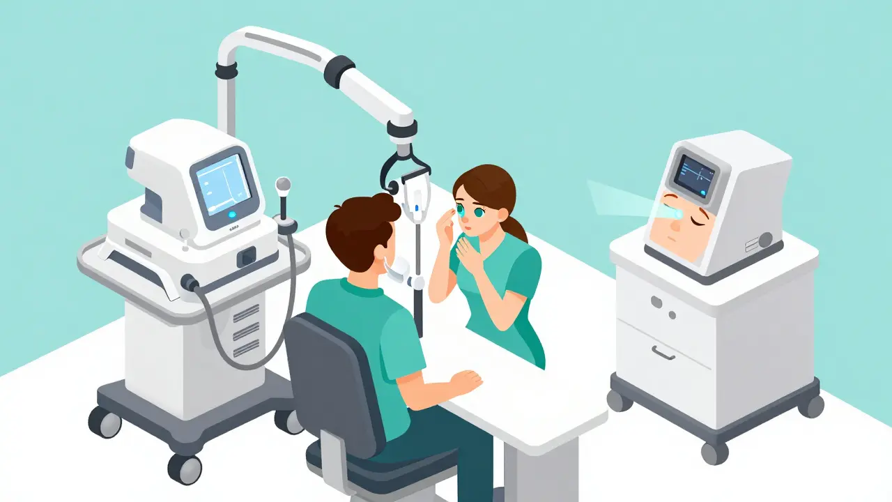 Isometric view of a medical clinic with LipiFlow and IPL eye treatment equipment