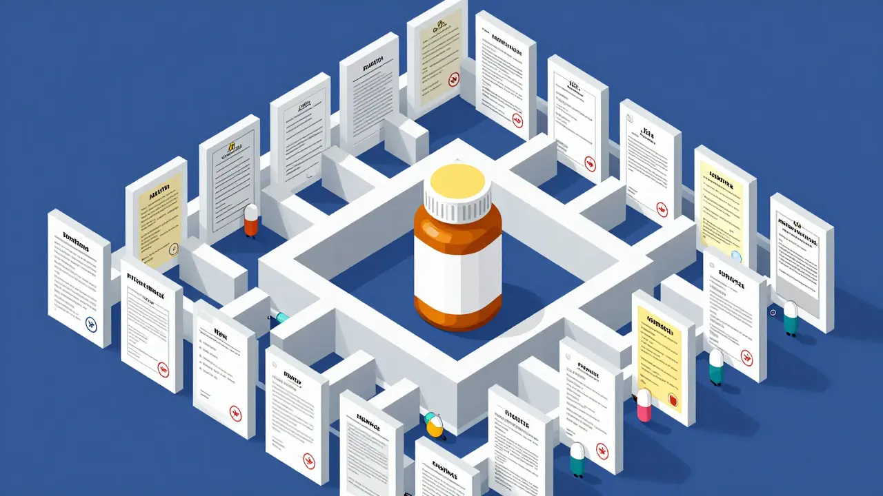 Isometric view of a medication bottle trapped inside a complex maze of legal patent documents.