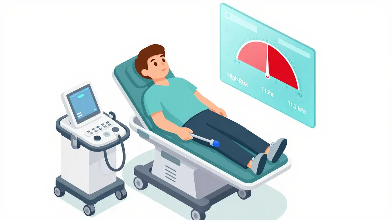 Isometric view of a patient receiving a FibroScan with a risk level indicator display.