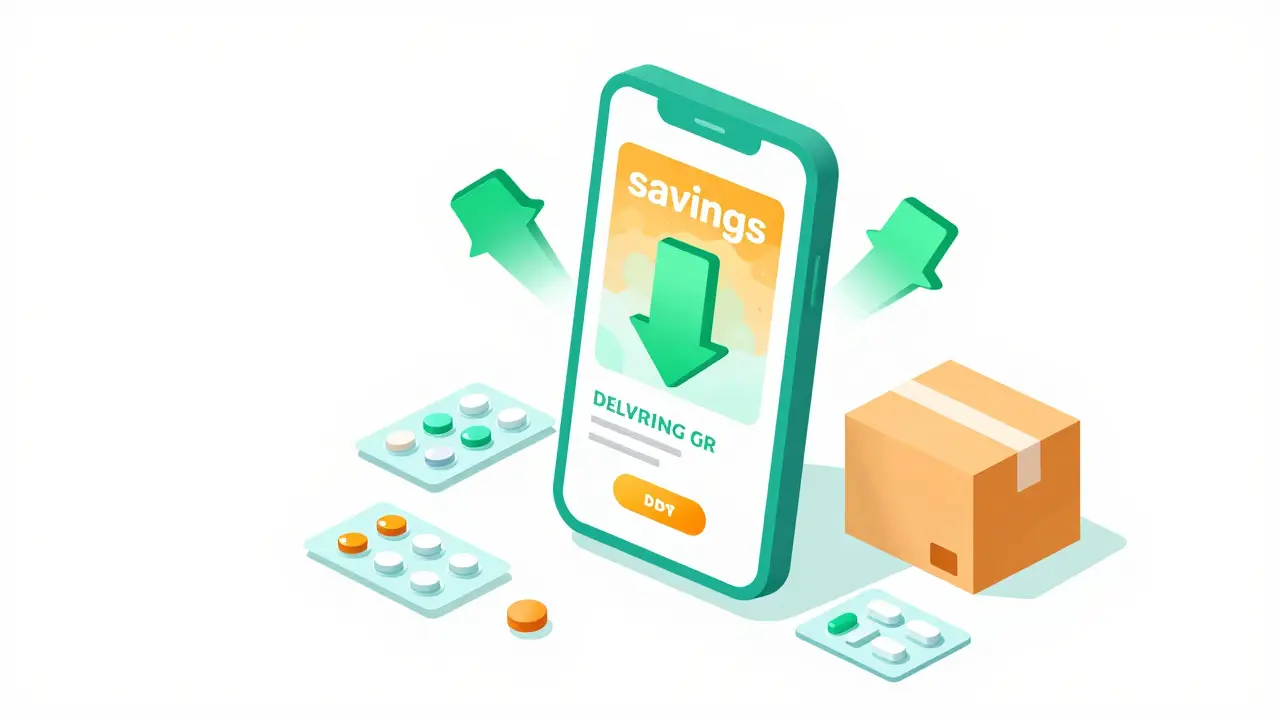 Isometric view of a smartphone app showing medication discounts and shipping.