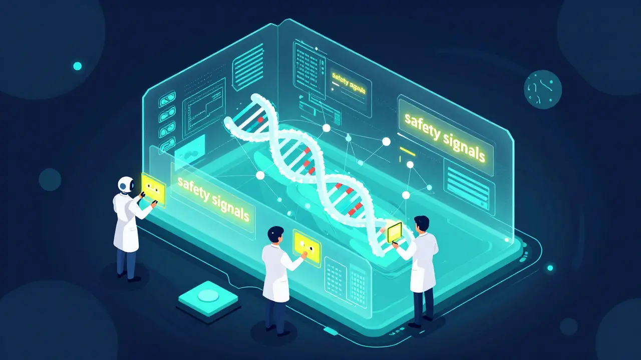 Medical professionals using AI and genetic data to monitor drug safety signals.