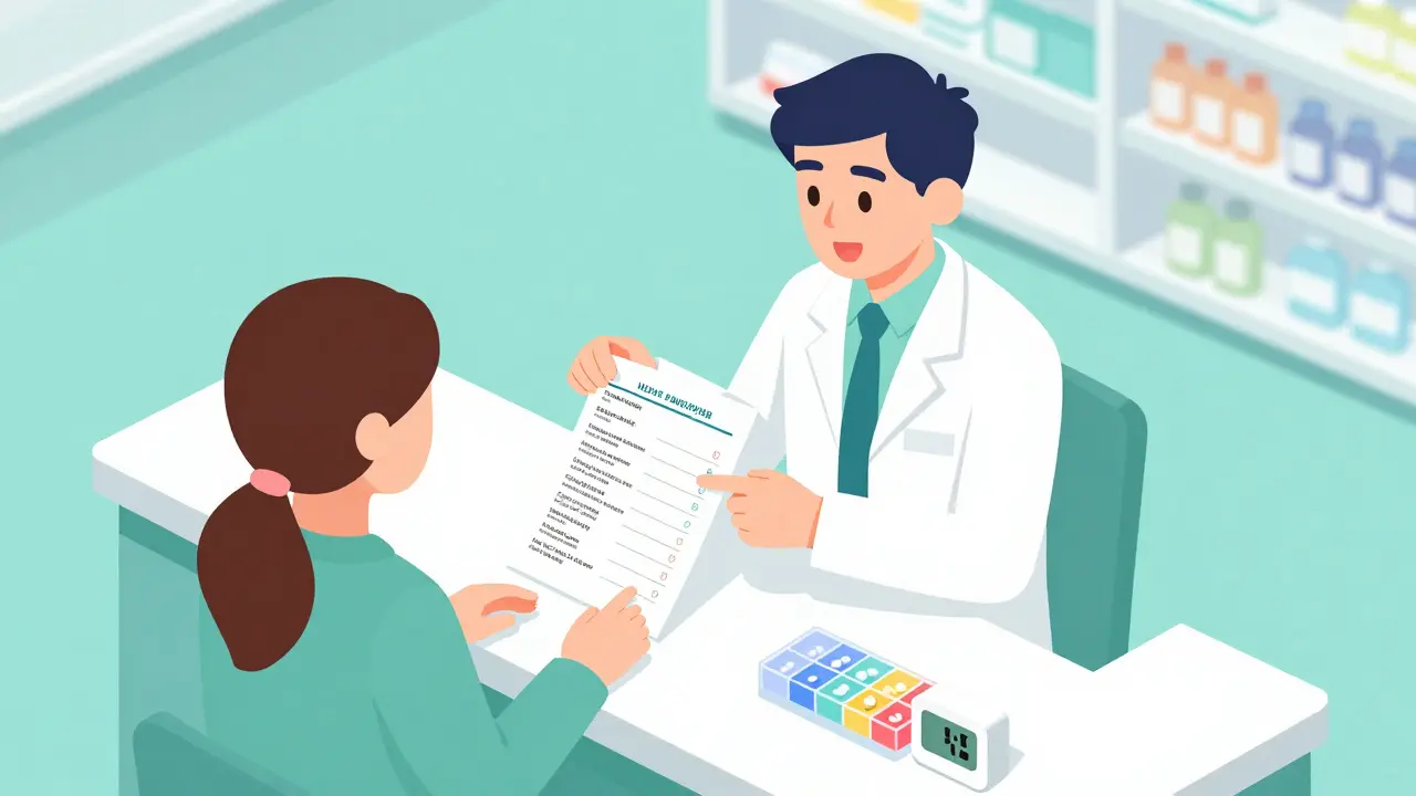 Pharmacist explaining medication instructions to a patient with a pill organizer nearby.