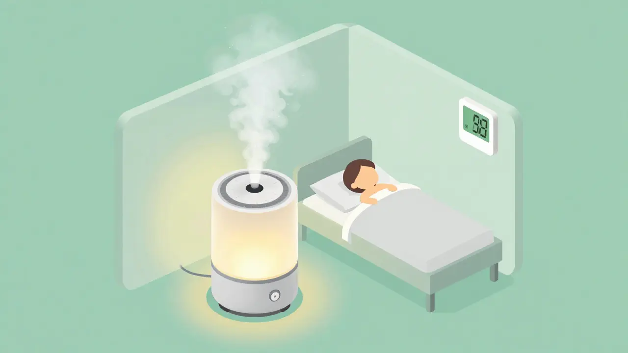 Isometric bedroom scene with humidifier aiding sleep comfort