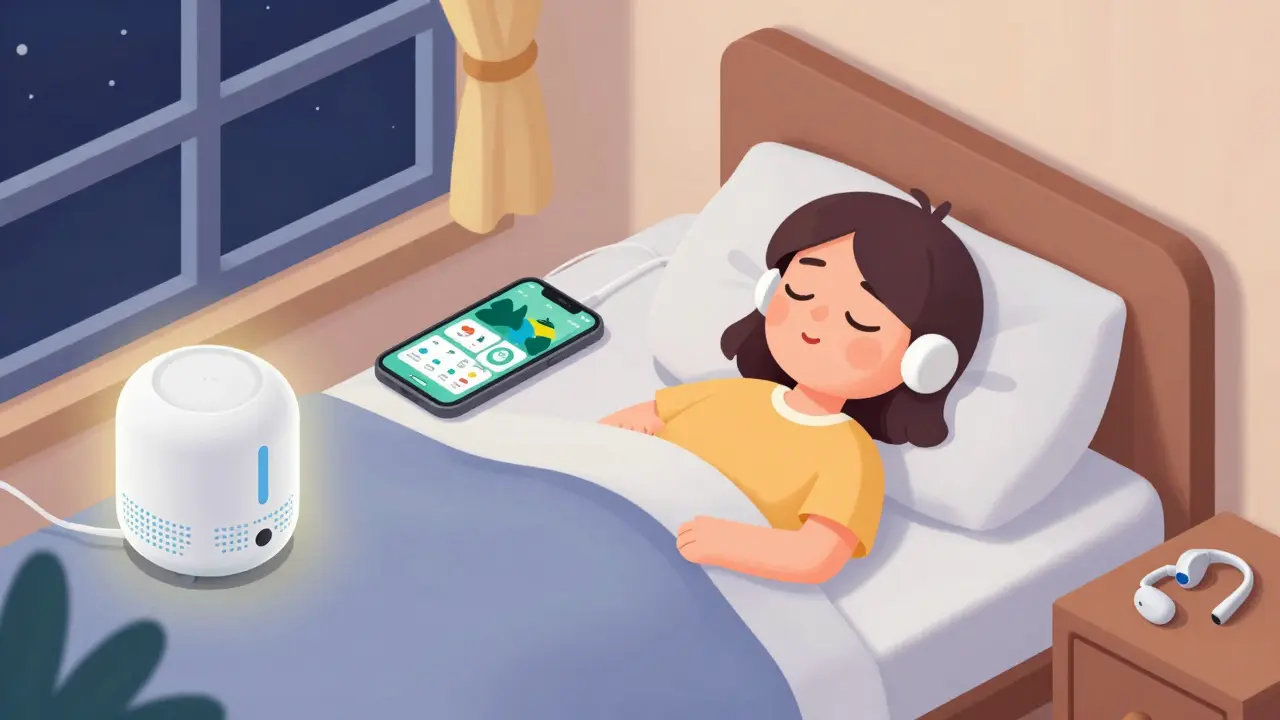 Isometric bedroom scene with sleep aids like white noise machine and hearing aids.