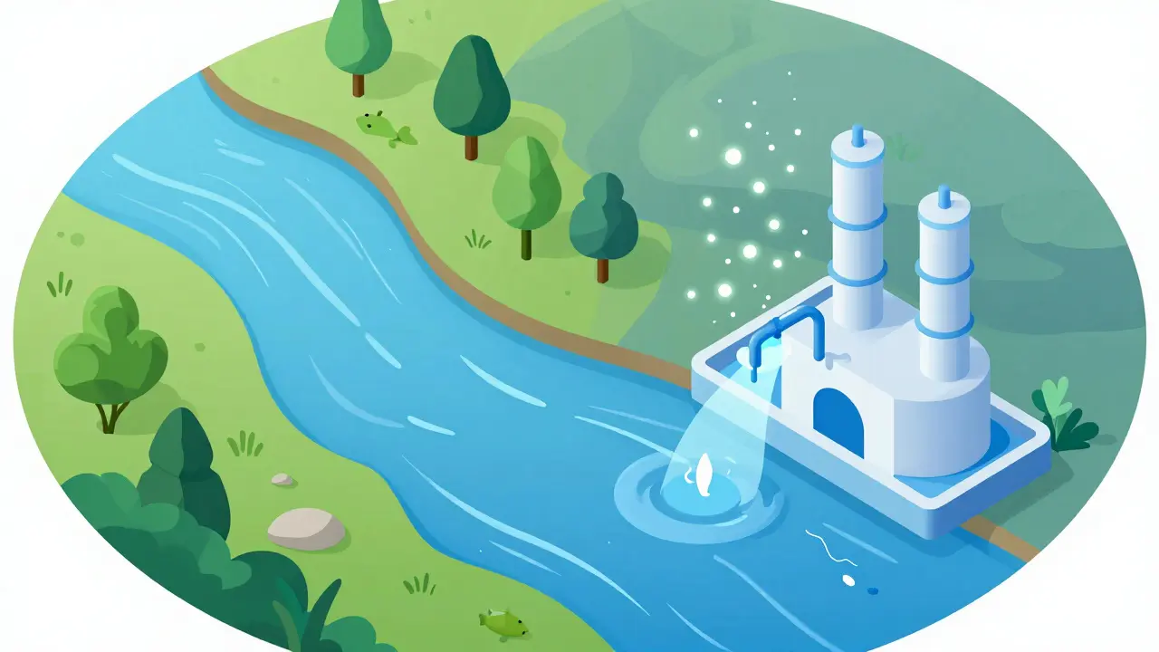 Isometric cartoon illustrating clean water protection from pharmaceutical pollution and healthy ecosystems.