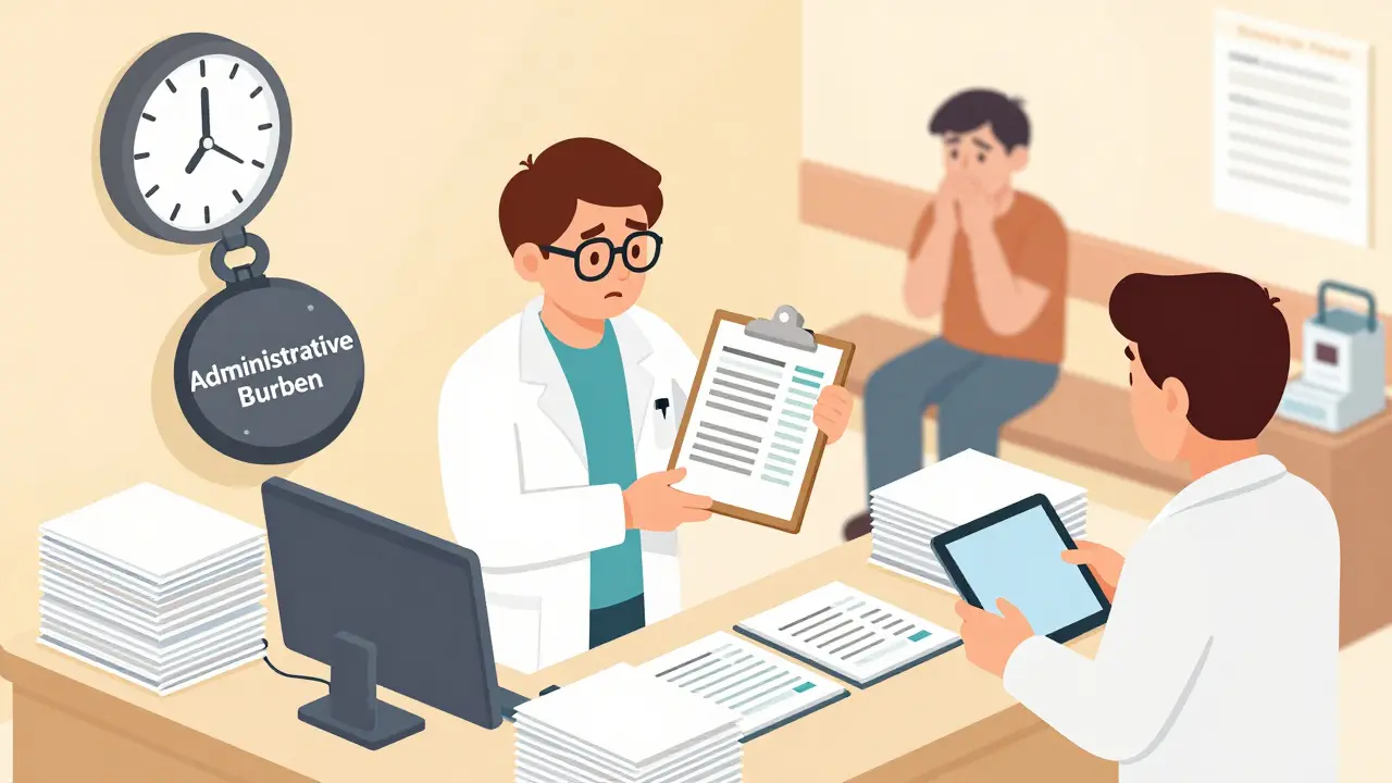 Isometric cartoon of an overwhelmed pharmacist managing drug shortage protocols.