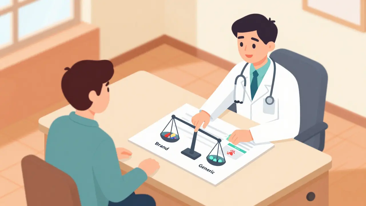 Isometric cartoon of doctor explaining medication choices to a patient