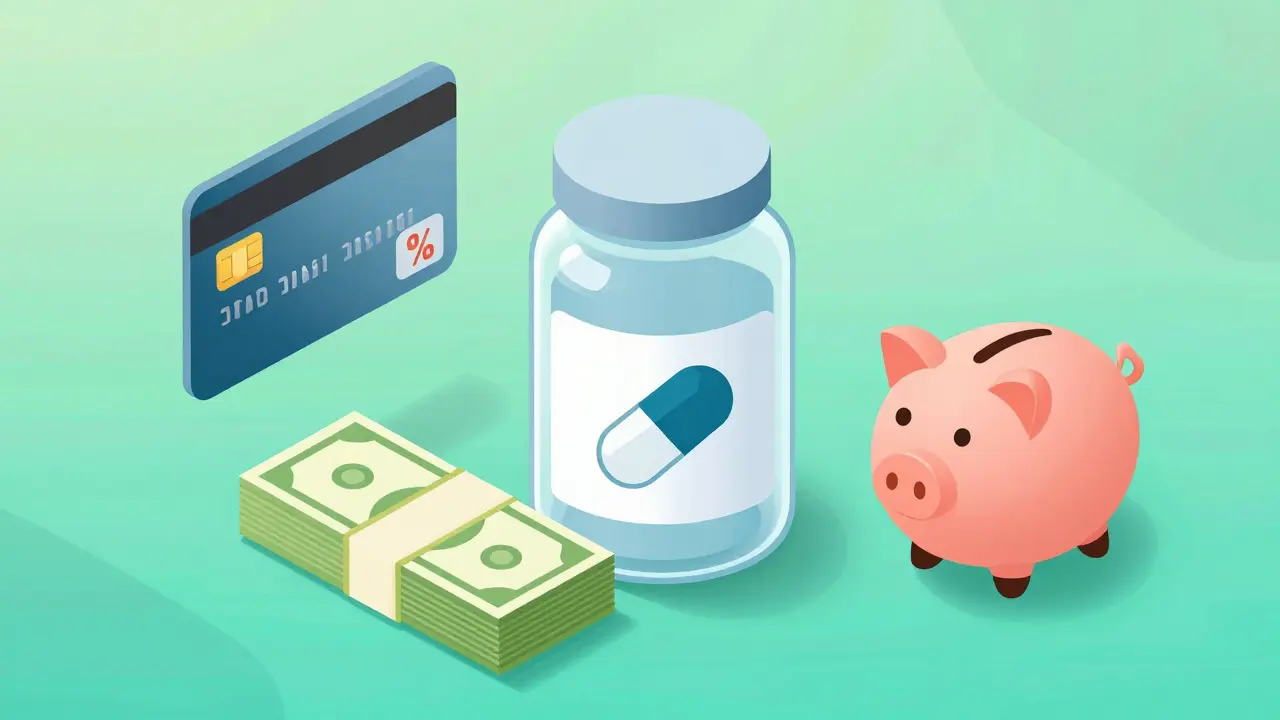 Isometric cartoon showing cost savings with discount cards and medication jar