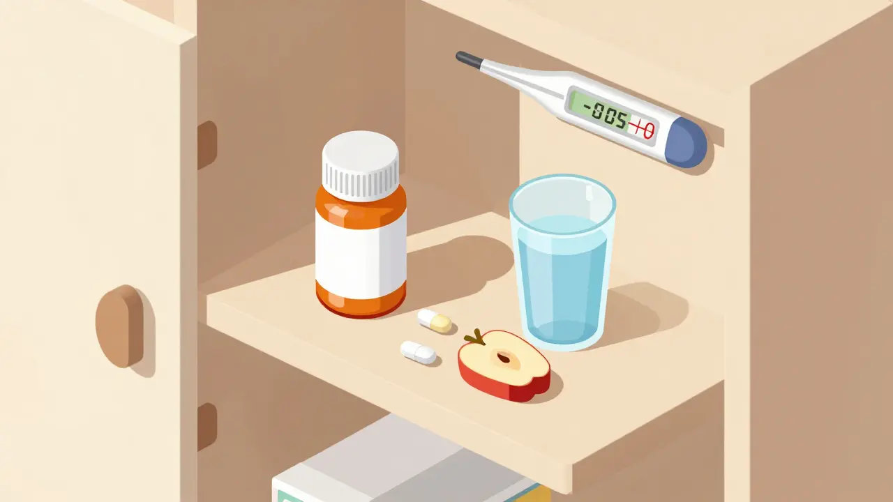Isometric cartoon showing safe pill storage, food, and temperature control