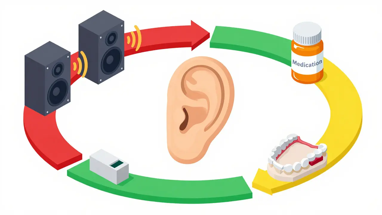 Isometric diagram showing various causes of tinnitus like noise, meds, and wax.