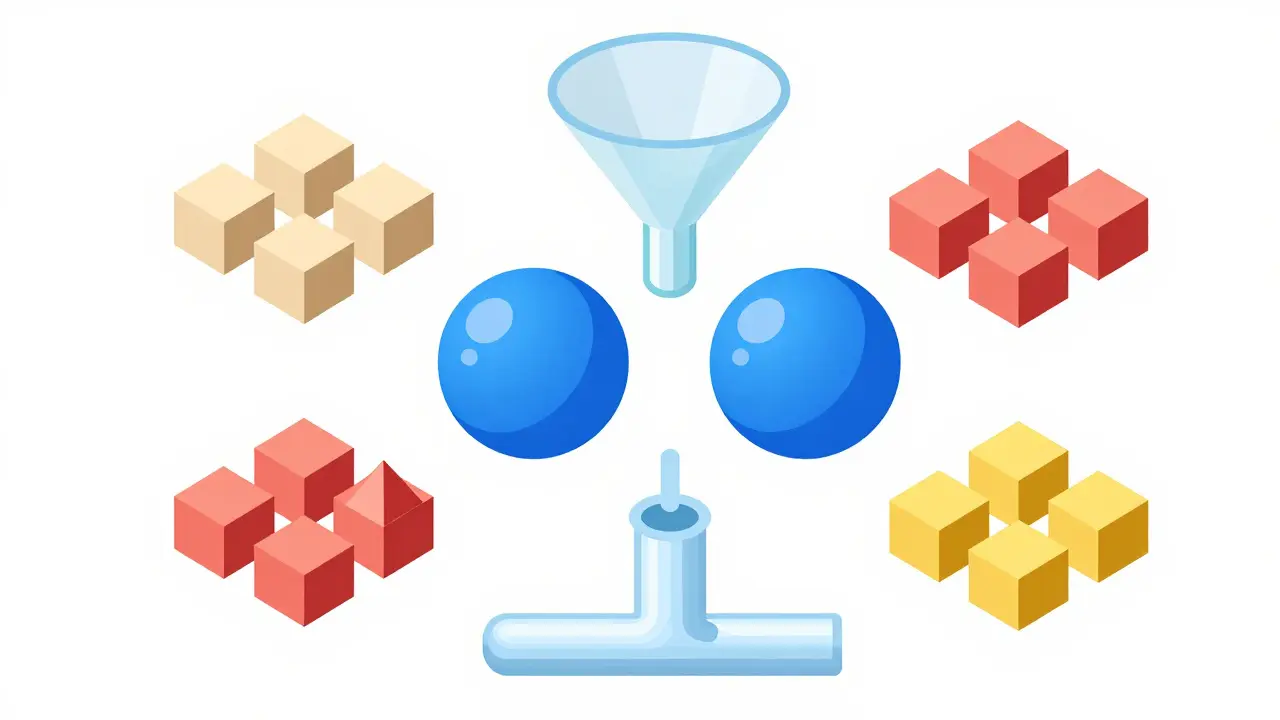 Isometric illustration comparing active and inactive ingredients in pills