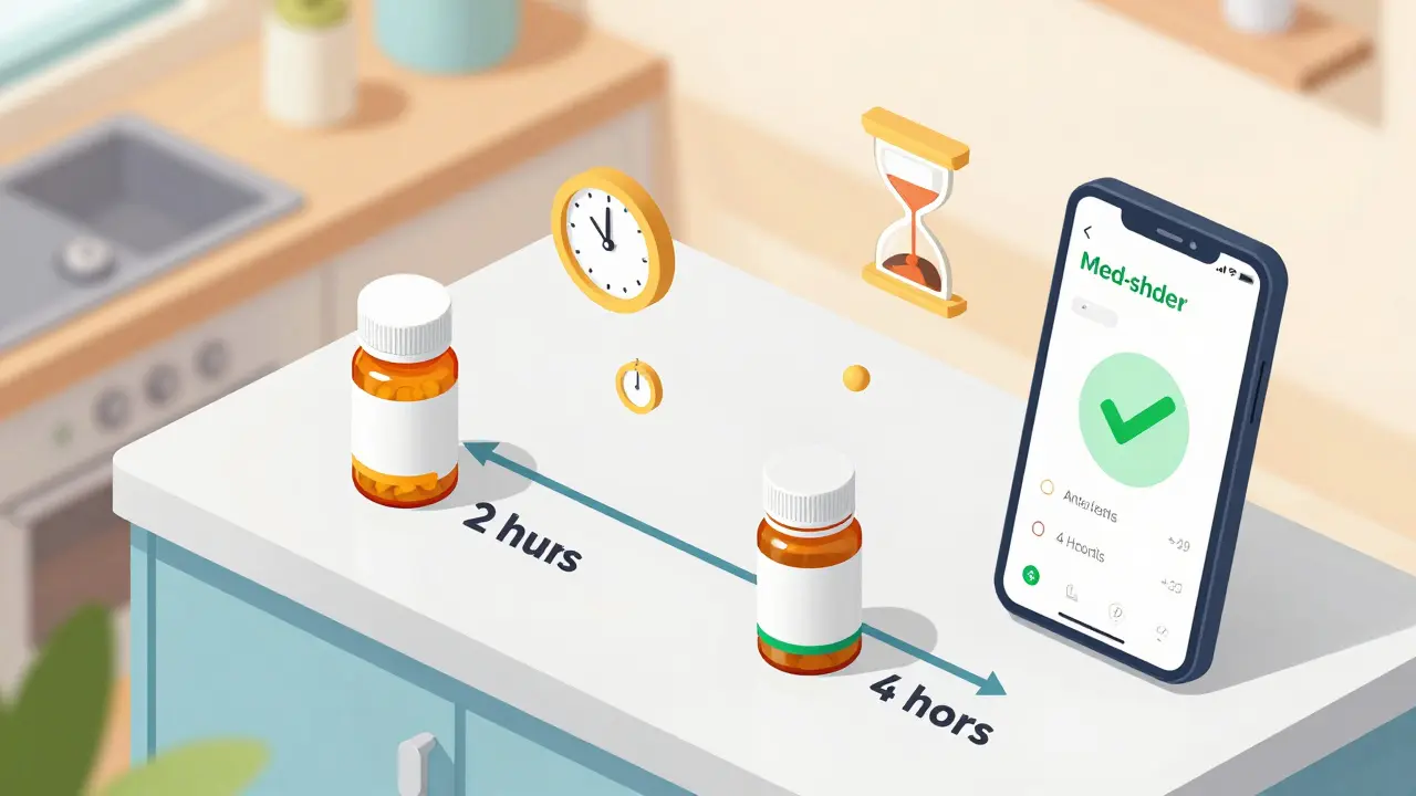 Isometric illustration of a kitchen counter with clocks showing proper medication timing gaps.