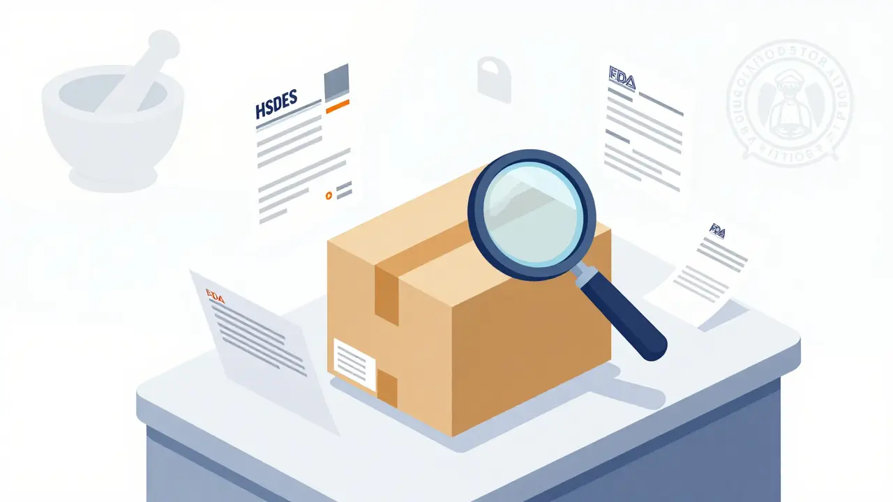 Isometric illustration of inspected package surrounded by floating regulatory documents