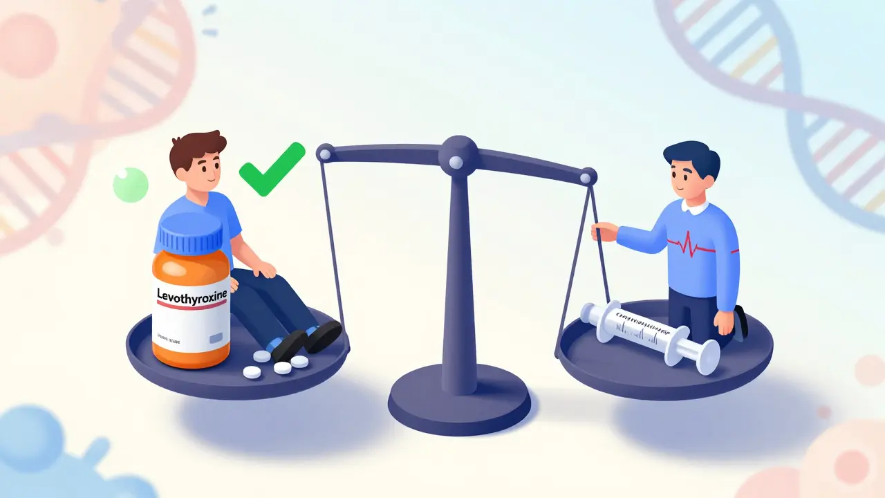 Isometric illustration of medication bottles and a balanced scale representing thyroid treatment options.