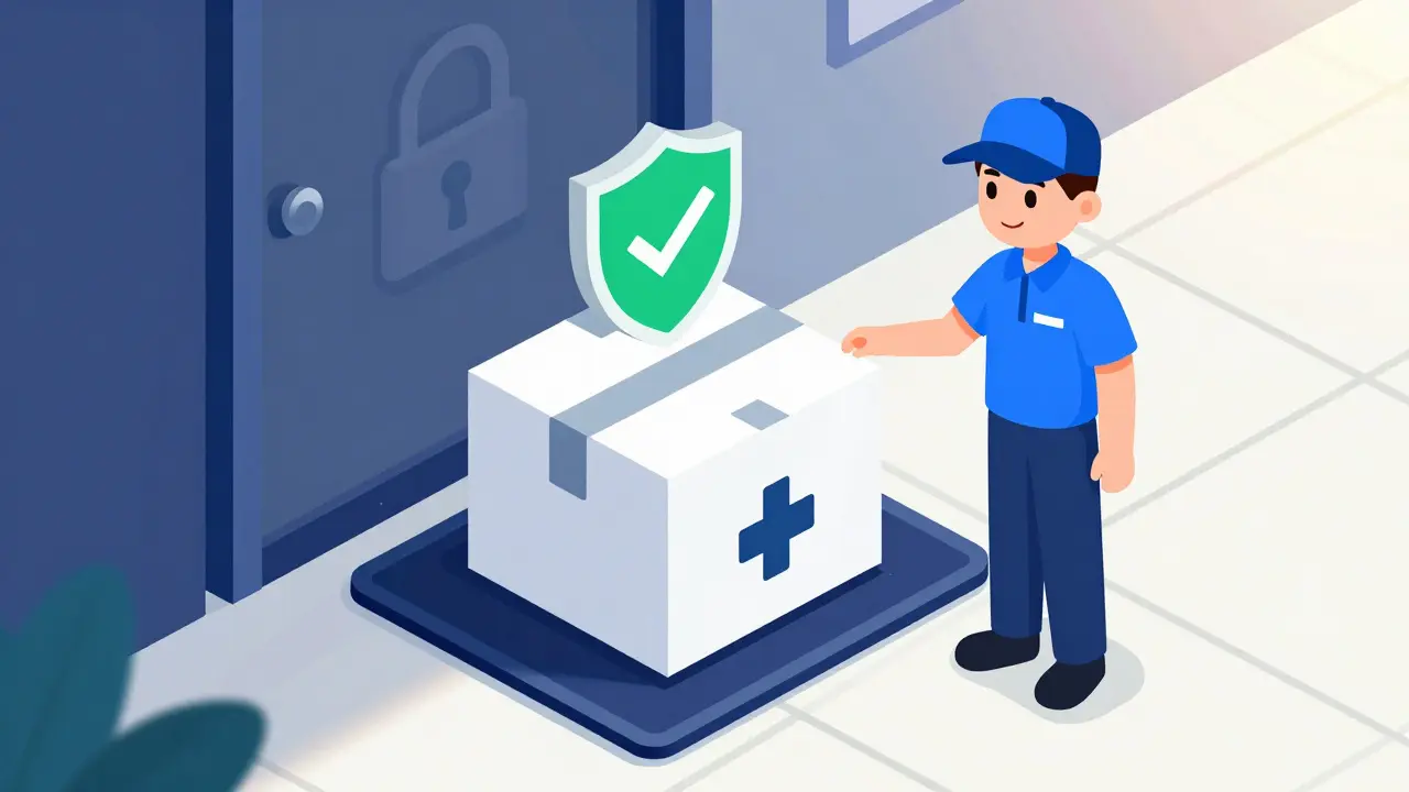 Isometric illustration of secure medicine delivery with safety shield icon