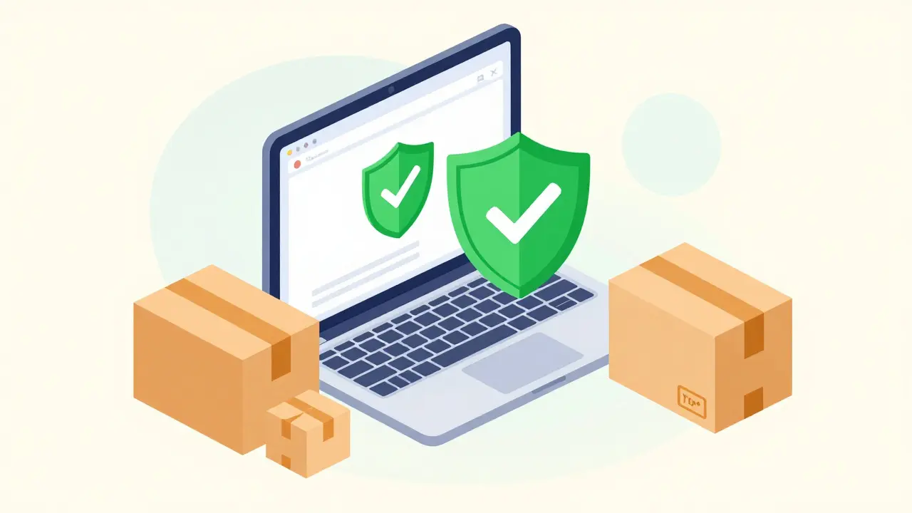 Isometric illustration of secure online pharmacy shopping with verification shield