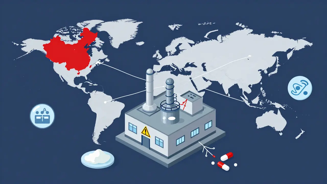 Isometric illustration showing fragile global supply chains for generic medications.