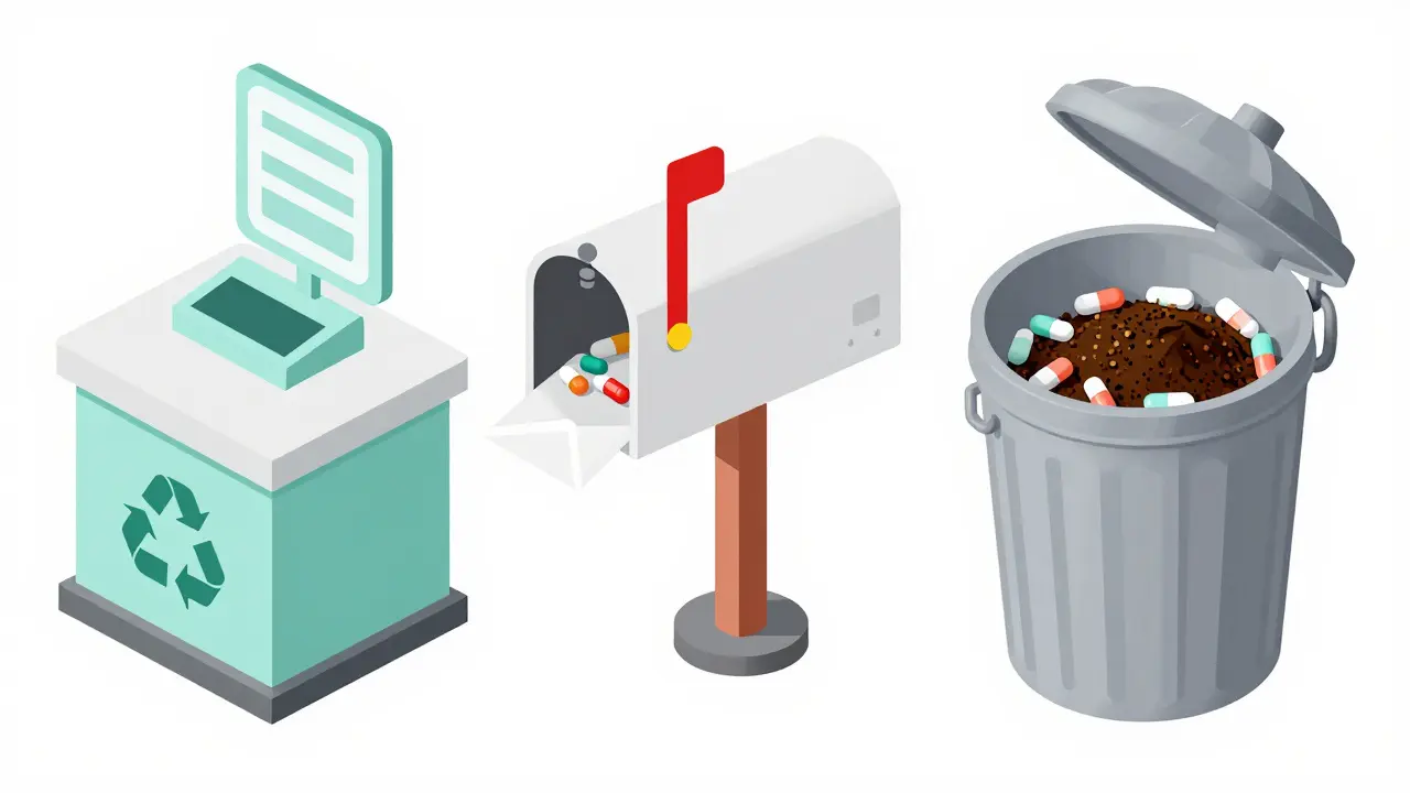 Isometric illustration showing three safe ways to dispose of old medications: drop box, mail-back, and trash.