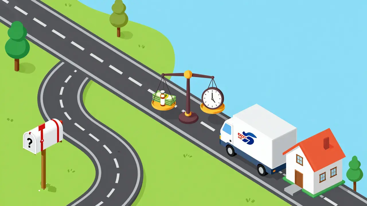 Isometric view comparing slow postal route vs fast express delivery with balance scale