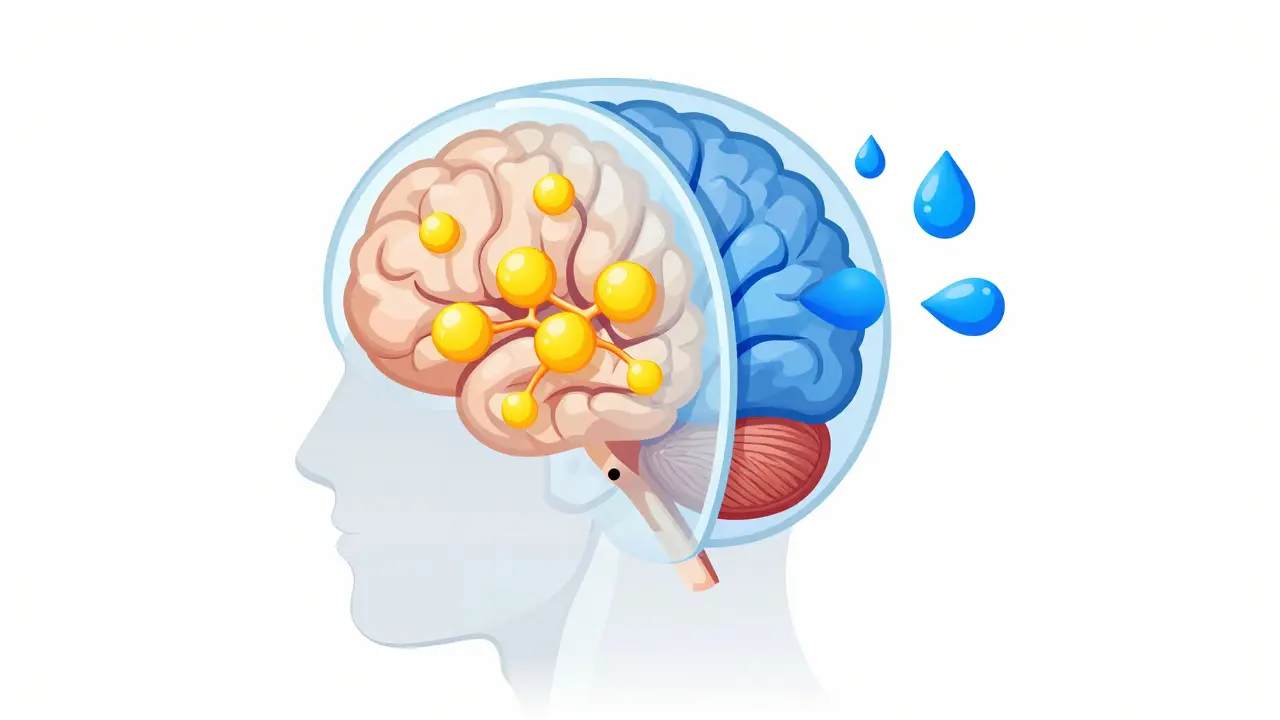 Medical isometric diagram showing lipophilic vs hydrophilic statins crossing the blood-brain barrier