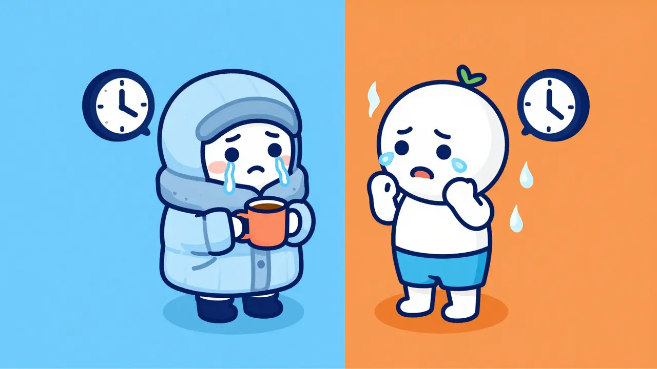 Split isometric scene comparing a shivering cold character with a sweating anxious character.