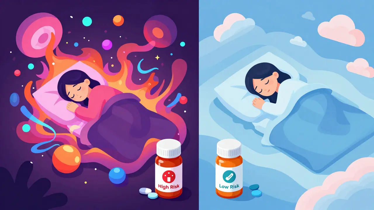 Split isometric scene contrasting vivid nightmare dreams with peaceful sleep