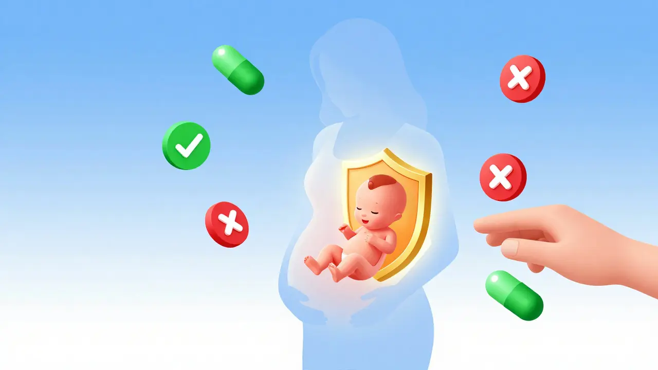 Illustration of a fetus protected by a shield, surrounded by safe and unsafe pills.