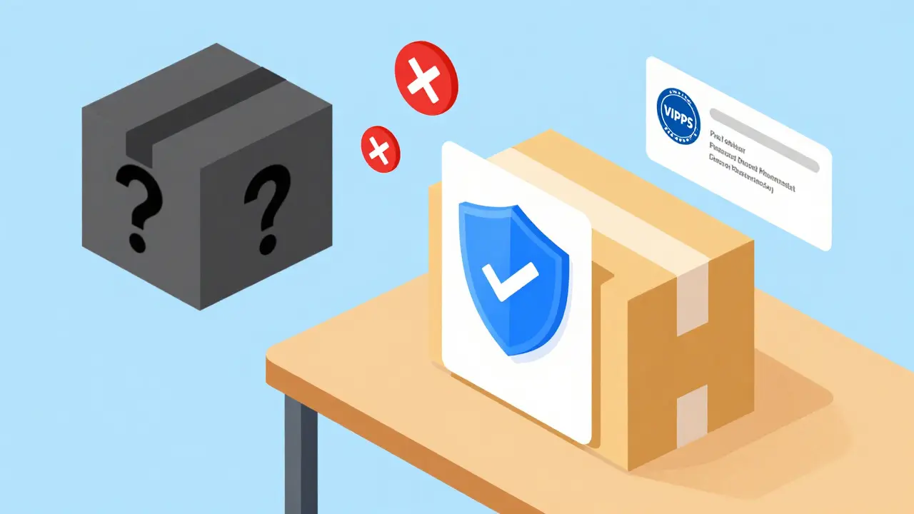 Isometric cartoon comparing safe verified pharmacy package vs suspicious scam box
