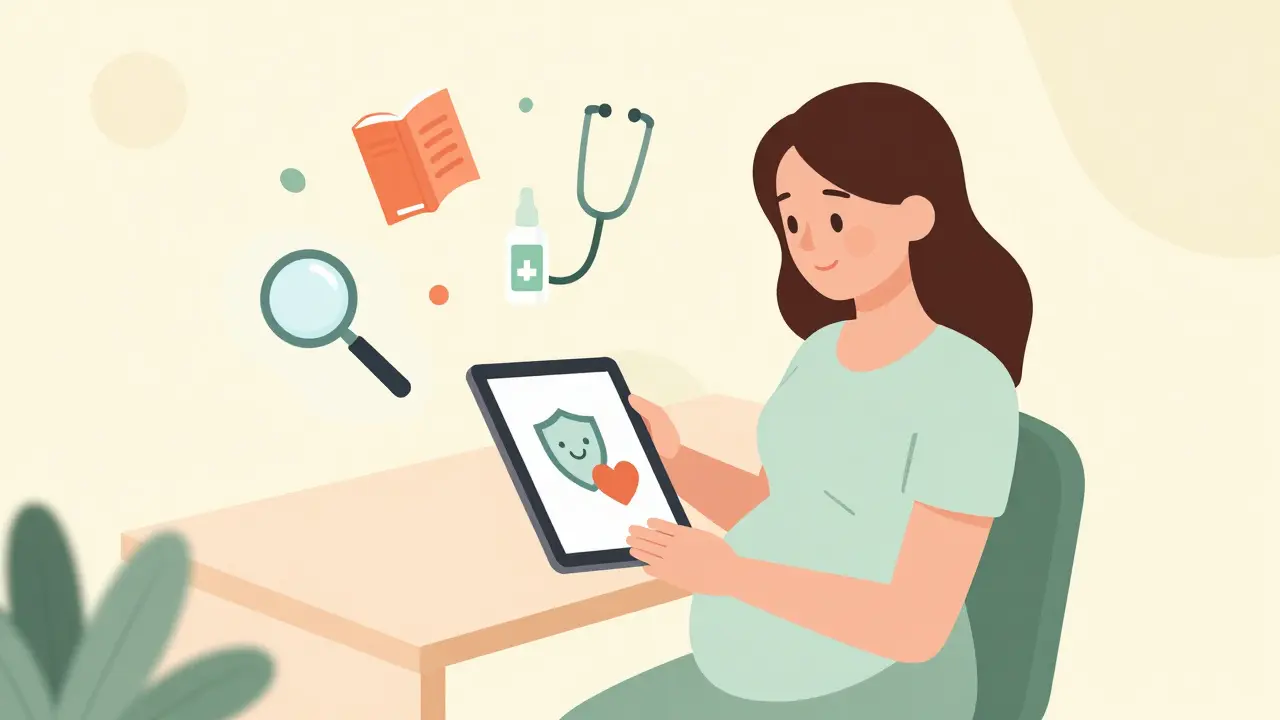 Isometric cartoon of a pregnant woman consulting safe health resources on a tablet.